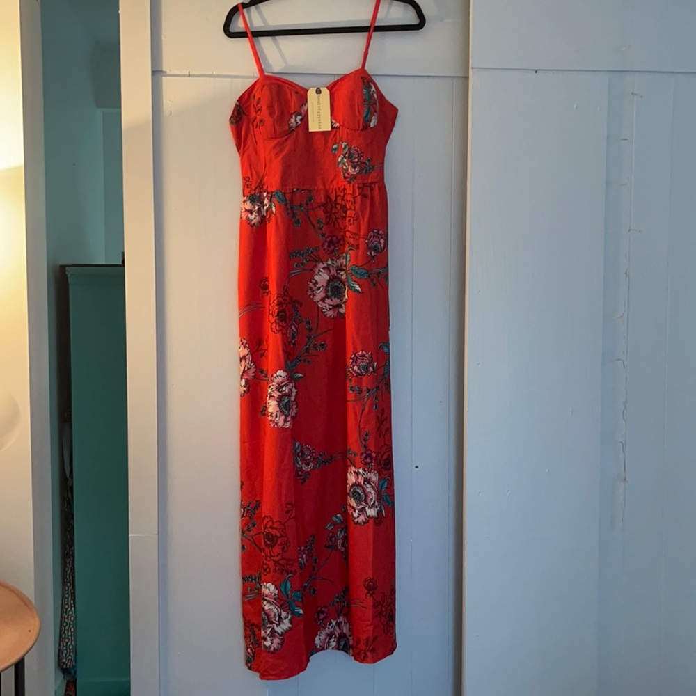 Floor length red floral dress